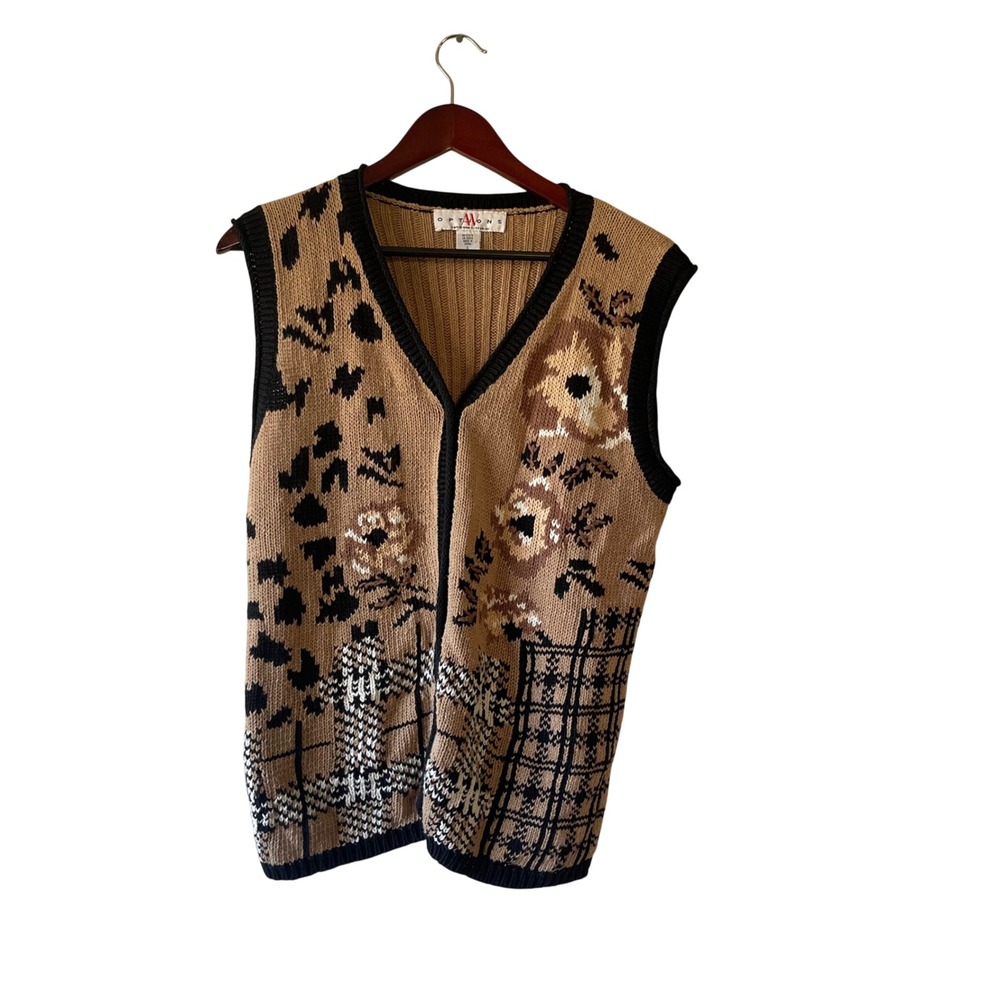 Vintage Womens Tan Floral Leopard Plaid Sweater‎ Vest Large